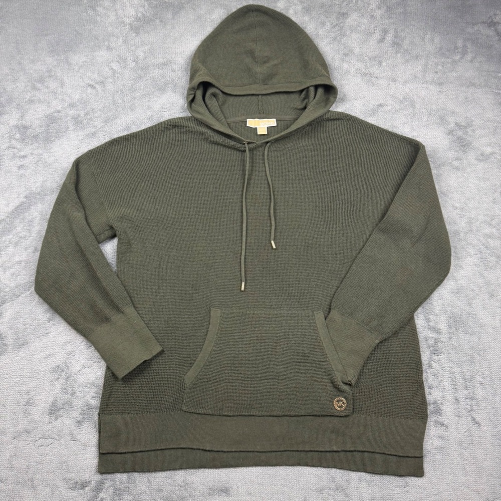 Michael Kors Mens Olive Green Waffle Knit Hoodie Pullover XL Logo Medallion